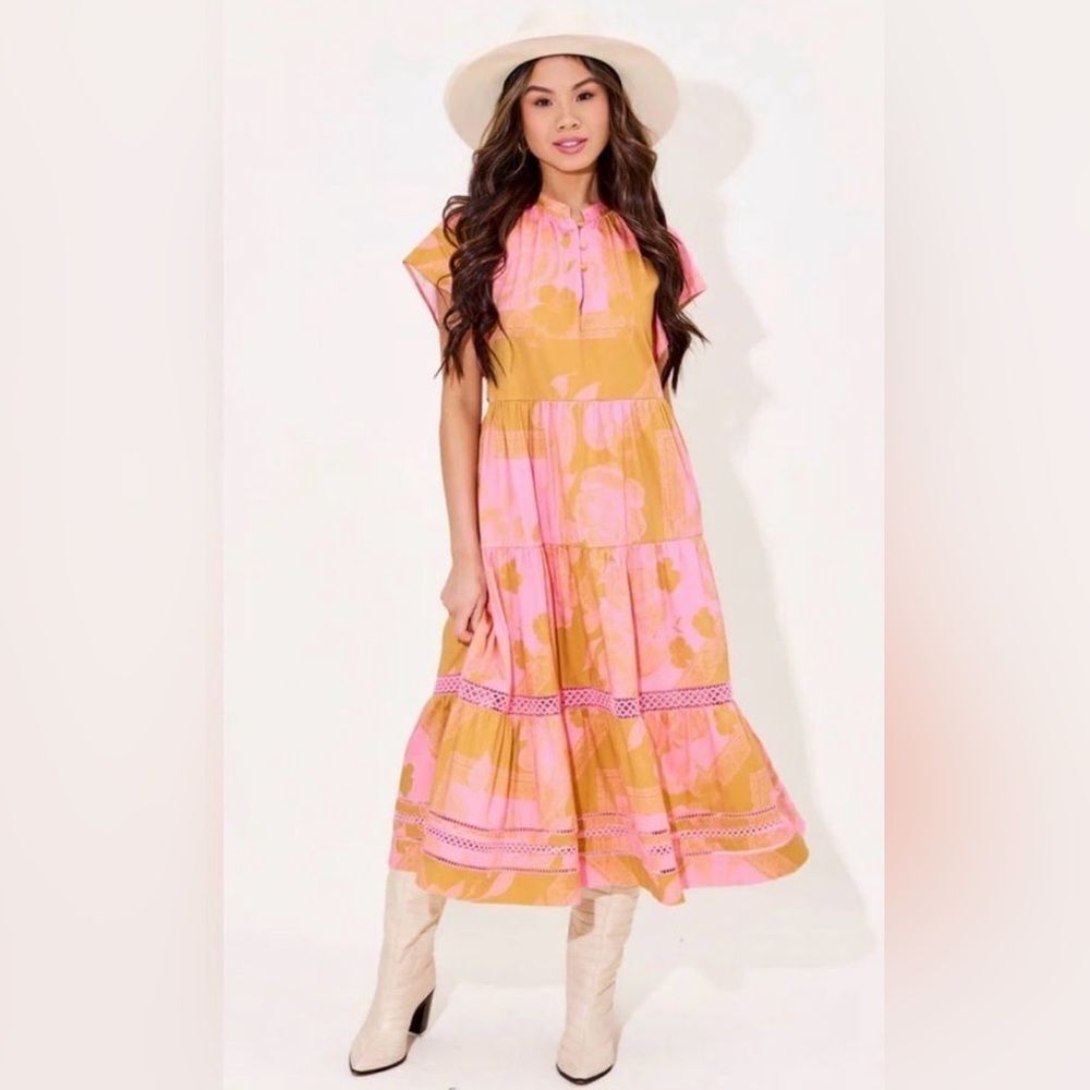 NWT Alden Adair pippa dress in secret  Garden Floral Pink and Tan Maxi Dress